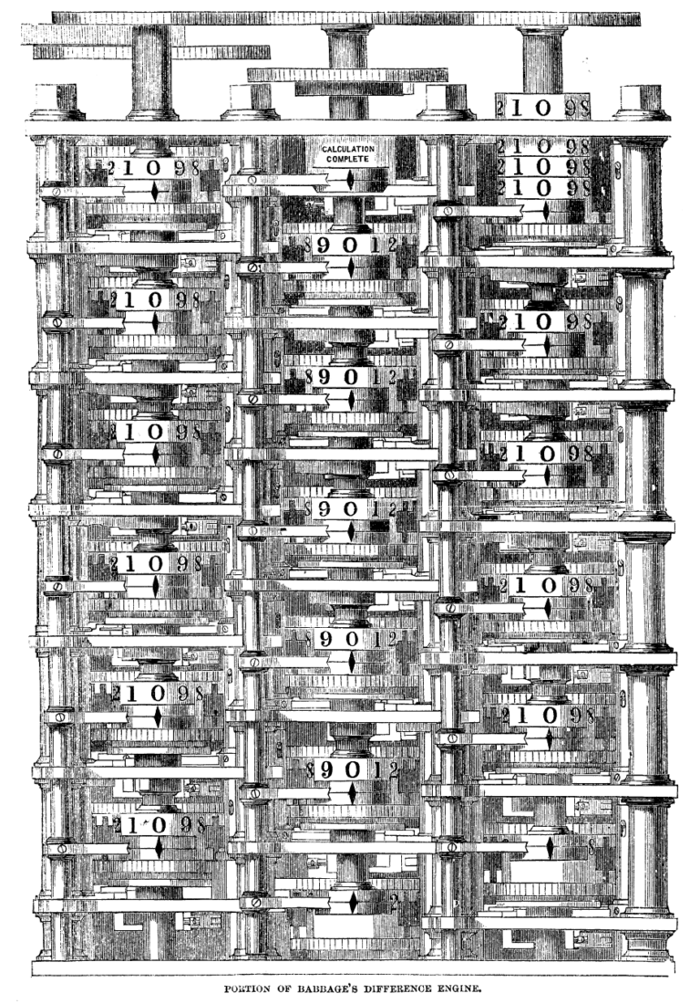 Woodcut engraving of a portion of Babbage's Difference Engine, a mechanical calculating machine