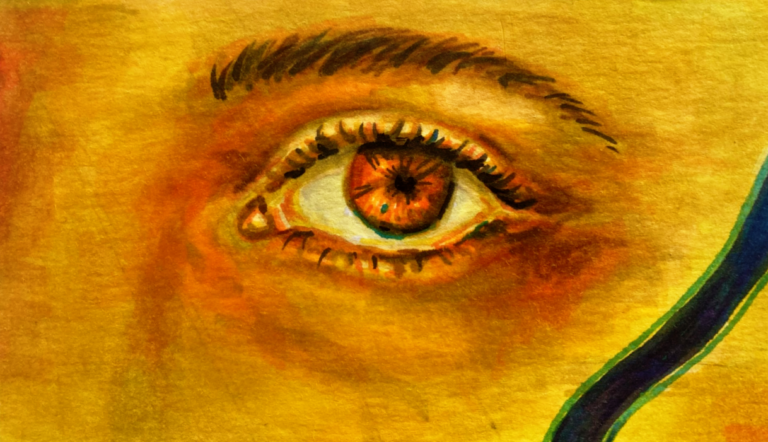 A pair of eyes drawn in vibrant marker colours, resembling a computer screen glow