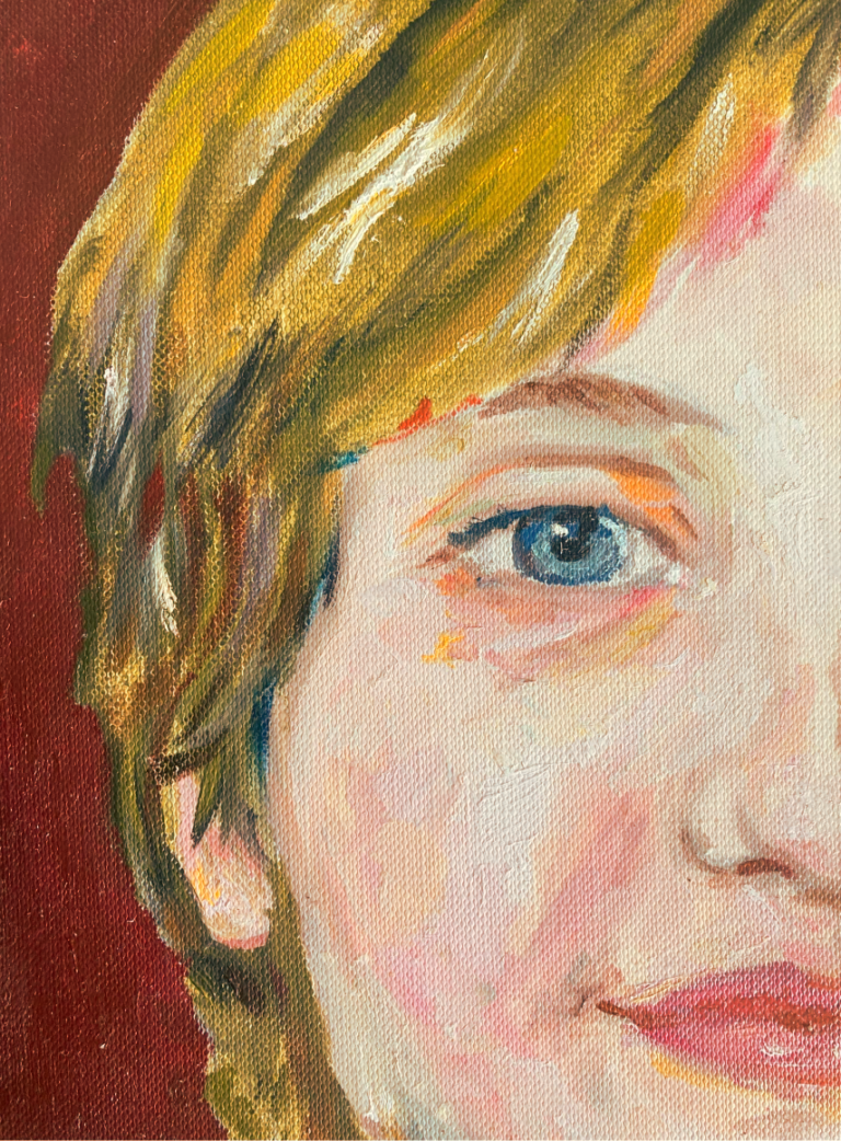 Close-up of the finished painting's eye, in soft realistic oil paint