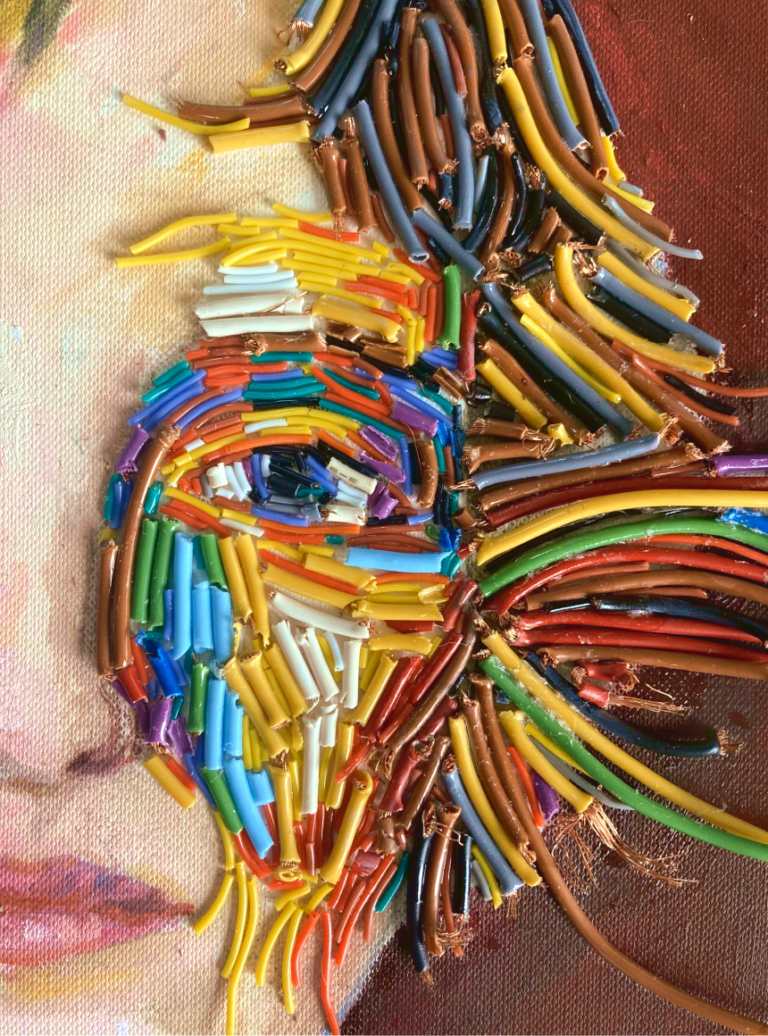 Close-up of the finished painting's wire half, in vivid colour
