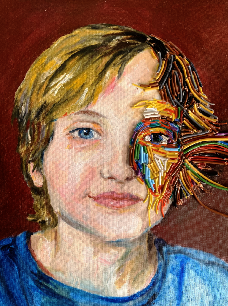 Another close crop of the finished painting, half paint and half coloured wire