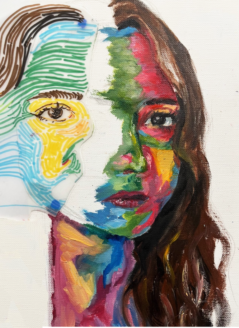 Half-finished portrait, one side realistic paint and one side blocked in with vivid colour