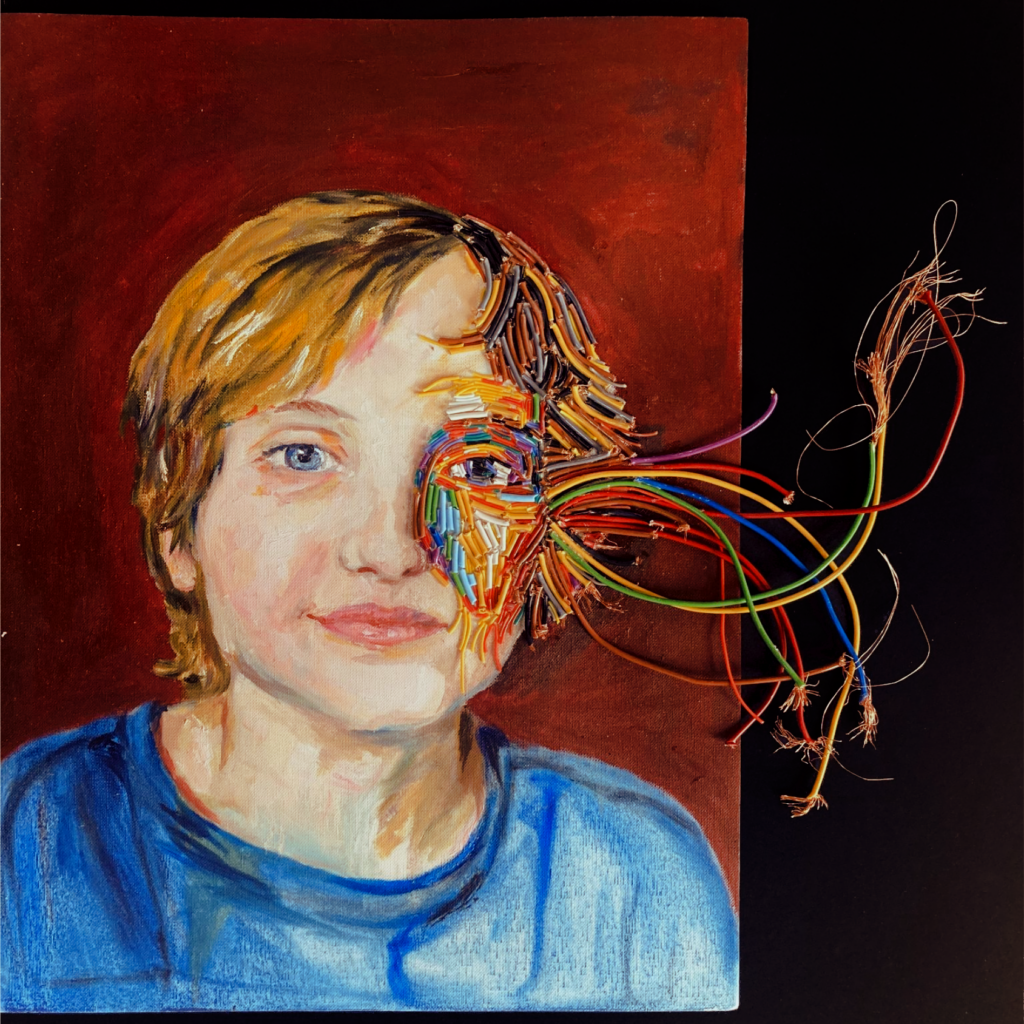 Oil painting of a boy's face, half rendered in paint and half dissolving into hundreds of colourful wires