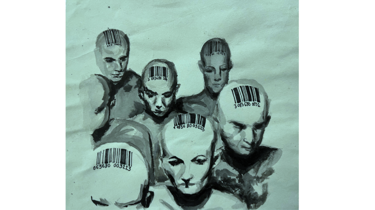 The same barcode-figures illustration, on a mint background