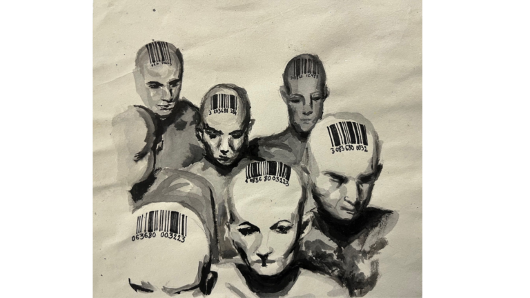 Ink illustration of five figures with barcodes on their foreheads, on a cream background