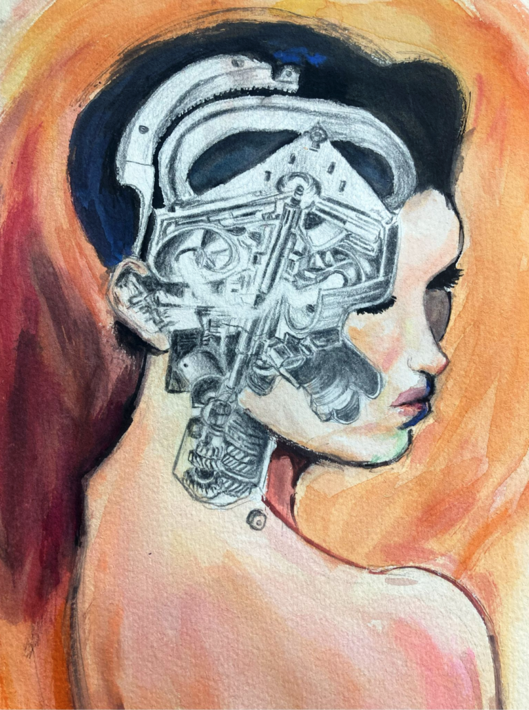 Painting of a woman in profile with a mechanical, gear-filled brain, on an orange background