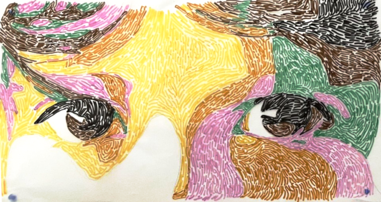 A pair of eyes drawn in dense, colourful marker line-work