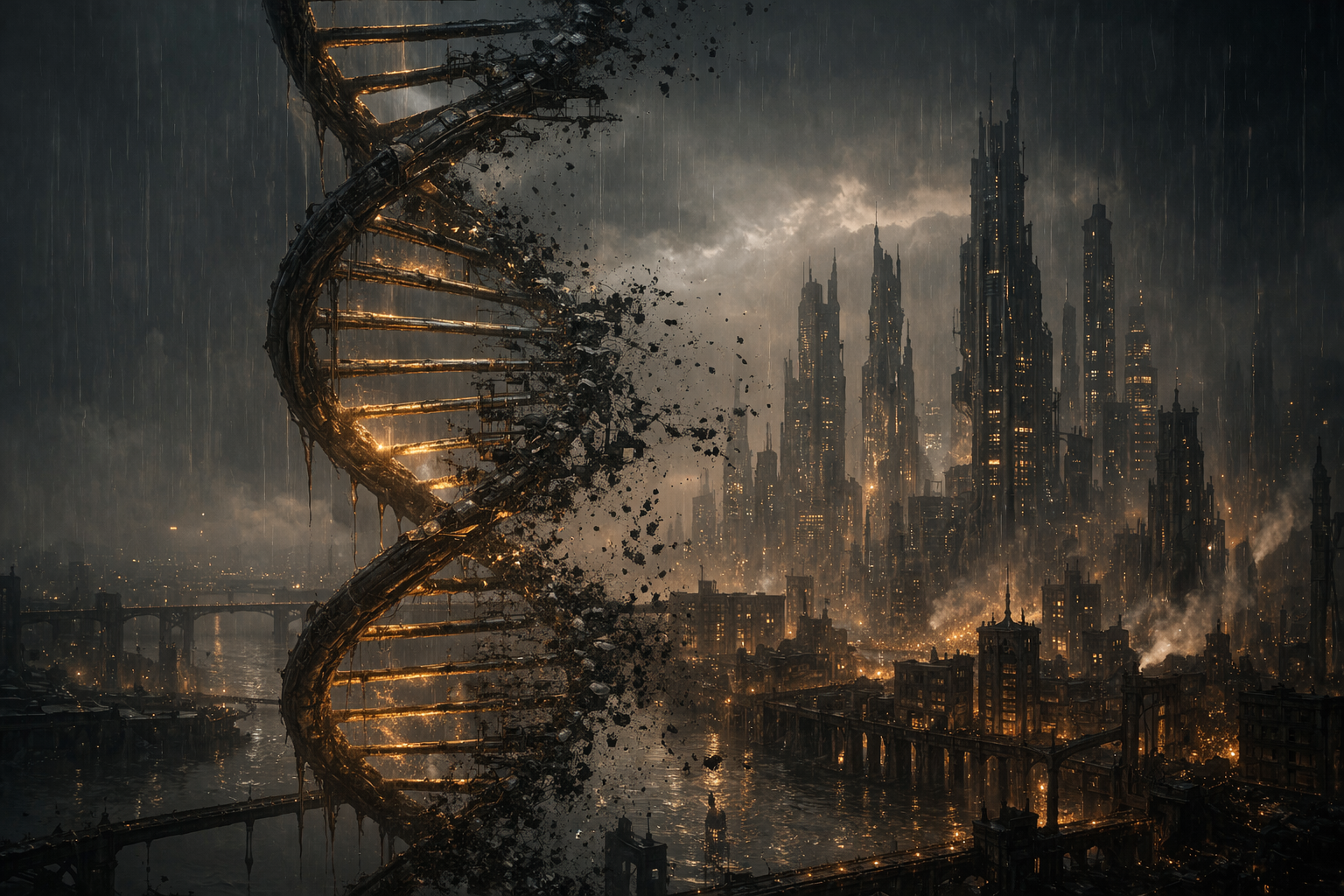 A golden DNA helix dissolving into fragments over a decaying, rain-soaked futuristic skyline