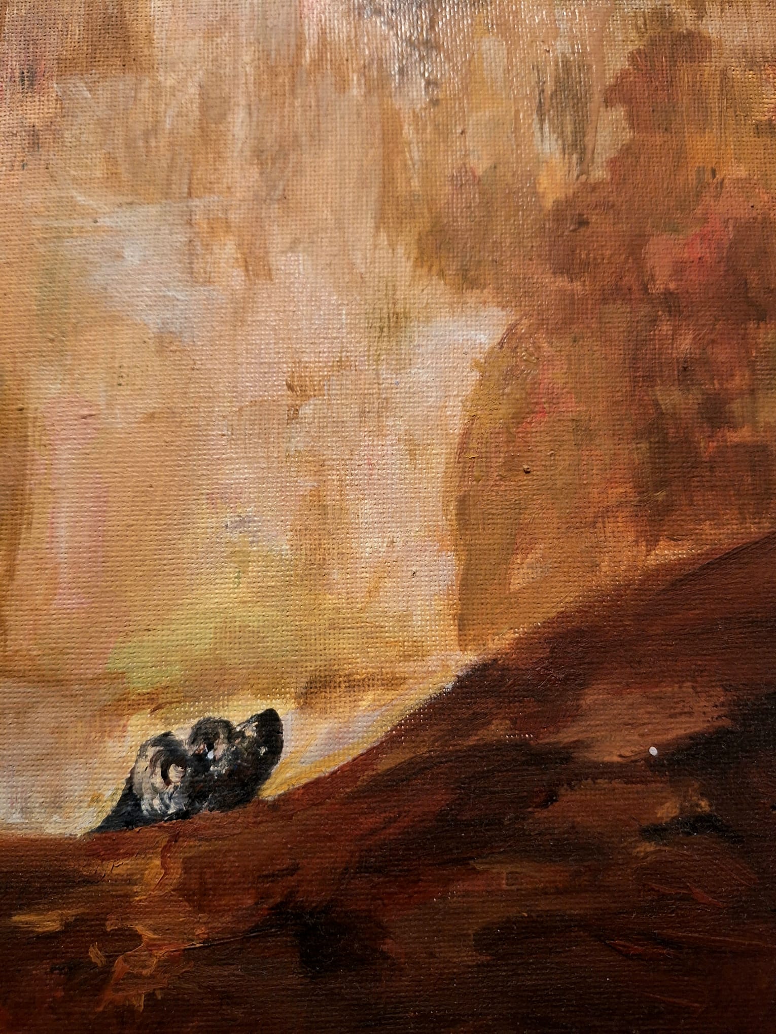 Oil painting in warm ochre and umber tones, a rendition of Goya's Dog, showing a dog's head looking out over a rise of earth