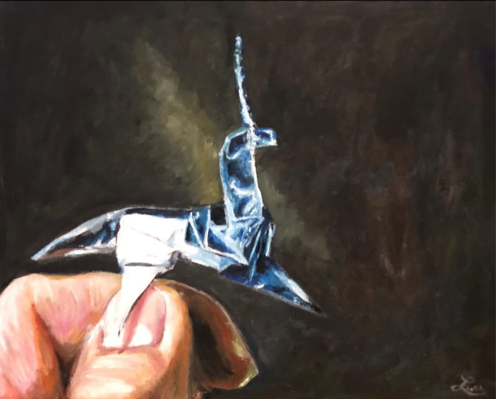 Oil painting of a hand holding a small blue-and-white origami unicorn against a dark background