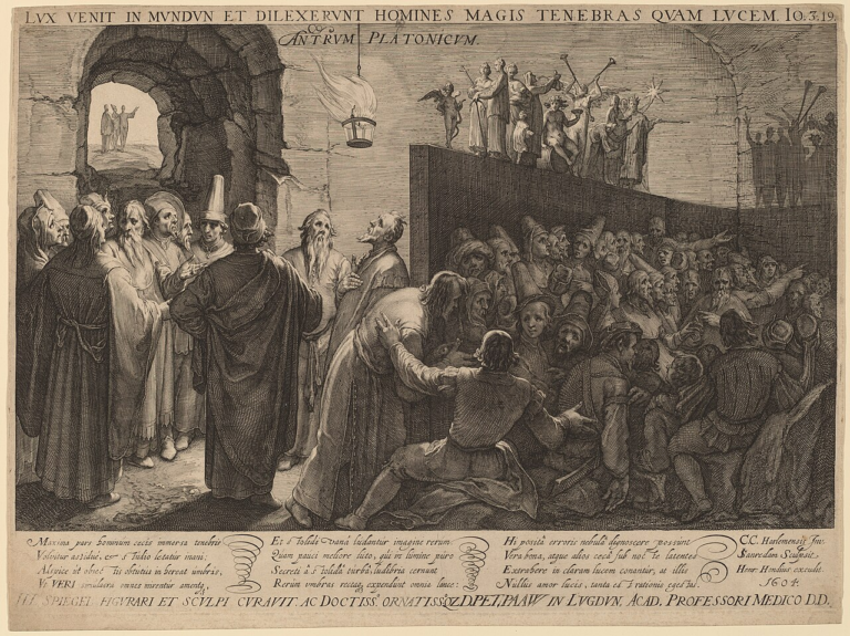 17th-century engraving of Plato's cave allegory, showing prisoners, shadows on a wall, and figures ascending toward light