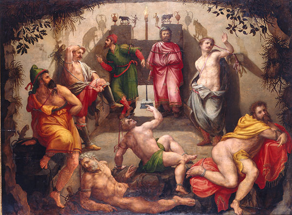 Renaissance-style painting depicting Plato's cave, with figures in shadow and light