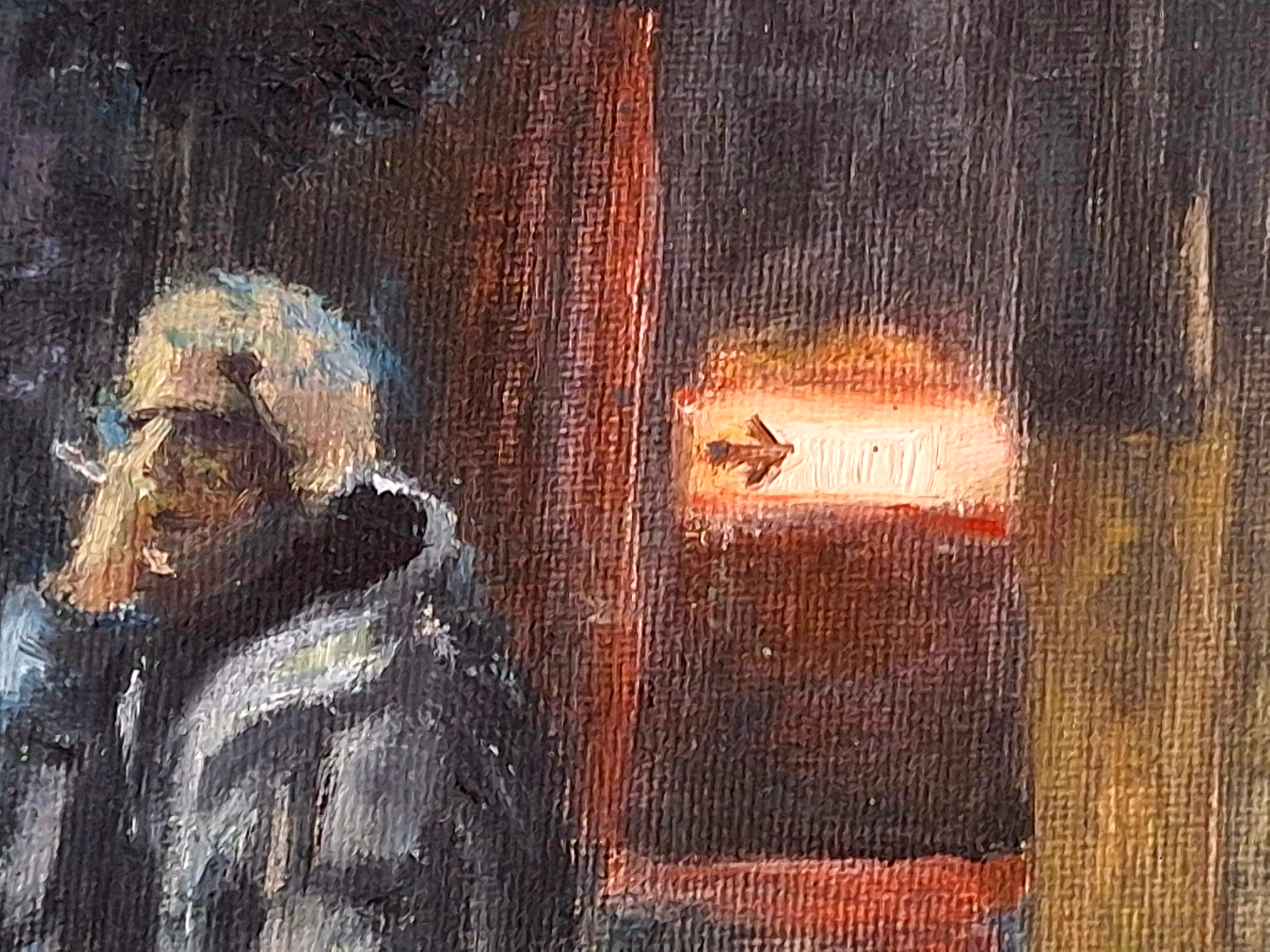 Oil painting of a man in profile beside a glowing arrow-shaped LED sign set into a dark wall
